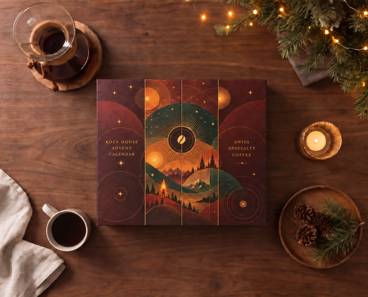 Top-down view of the Kofa House advent calendar box on a wooden table