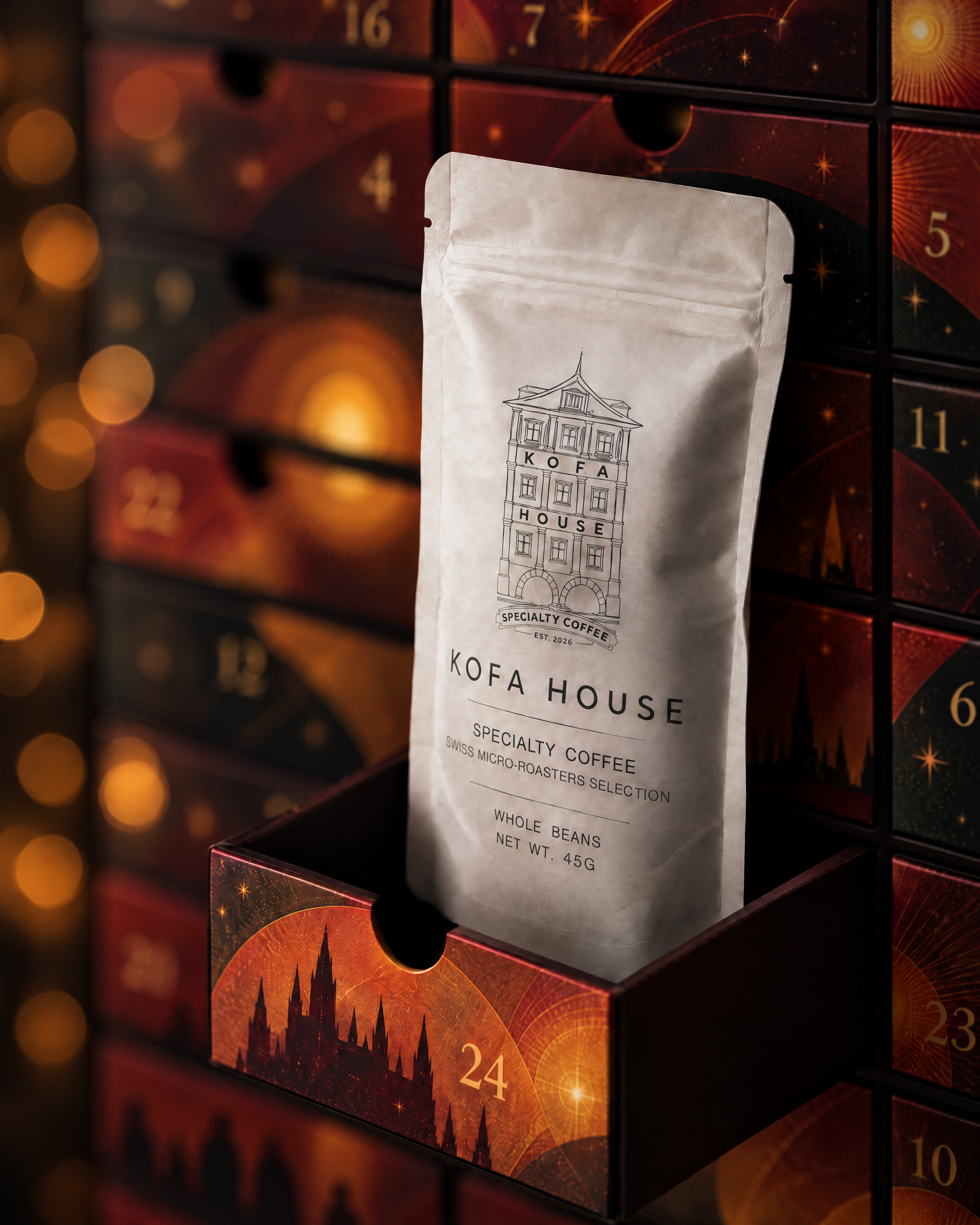 A close-up of a Kofa House coffee pouch with warm bokeh lights
